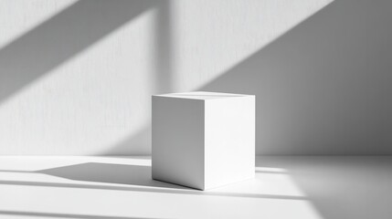 Fototapeta premium A simple white cube-shaped box with sharp edges, casting soft shadows on a clean white surface