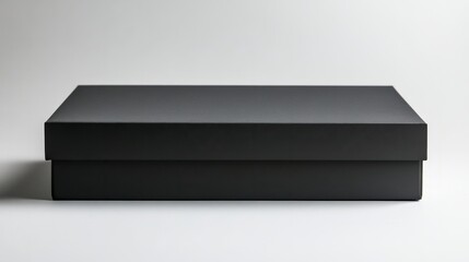 A sleek black rectangular box with sharp edges, closed, against a white background 