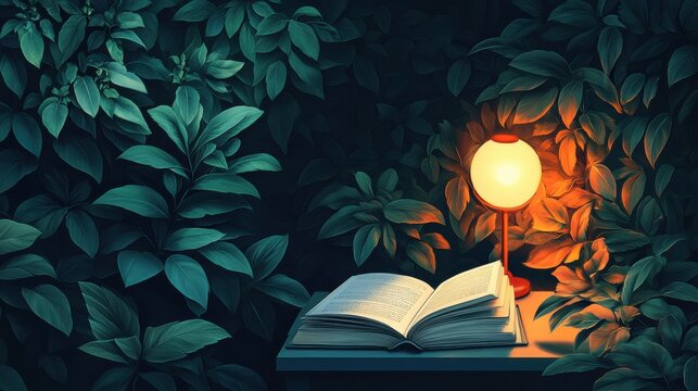 Open book under lamp with leafy background, peaceful reading nook, illuminated pages, indoor greenery, literary atmosphere, vintage style, study space, cozy environment, quiet