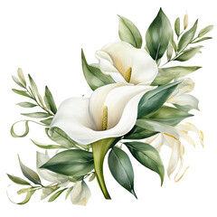 Green Vine Isolated on Transparent Background with Watercolor Olive Leaves and Cream Calla Lilies for Invitations