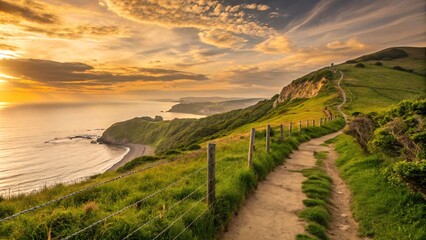 Golden Sunset Over Coastal Cliffs and Rolling Meadows, Panoramic Azores Landscape with Serene Trails and Vibrant Ocean Views V16