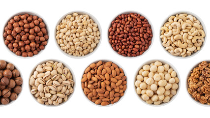 Many different nuts in white bowl isolated on white background. Hazelnuts, almonds, peanuts, pistachios, walnuts and macadamia nuts
