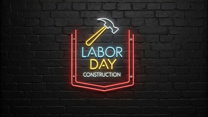 Fototapeta premium Labor Day Sign Hammer Icon, Vibrant Colors, and Retro Typography Glowing Against a Brick Wall in Industrial Nighttime Ambiance V3