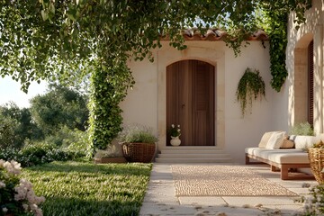 Fototapeta premium Charming South of France Garden with a Bench – Relaxing Outdoor Scene, Lush Greenery, and Tranquil Atmosphere