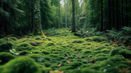 Enchanted forest, moss on the ground, green and mist, cinematic, meditation