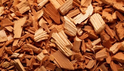 pile of woodchips, small chips and sticks of wood closeup texture macro