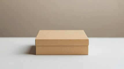 A slim kraft paper box with visible grain texture, centered on a smooth white surface