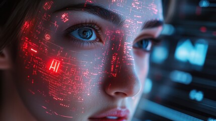 Futuristic AI face close-up, red digital interface, artificial intelligence hologram, high-tech augmented reality, technology innovation, sci-fi concept