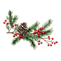 Illustration christmas tree branch with christmas decorations on white background 