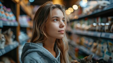 Young Female Customer Choosing Pet Supplies in a Pet Store