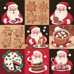 Santa Claus cooking cookies hot chocolate cakes and pies