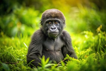 Obraz premium Adorable Baby Gorilla Sitting on a Lush Green Meadow, Displaying Playful Human-Like Expressions in a Natural and Serene Environment