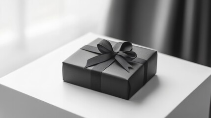 A small luxury gift box with a matte black finish, placed neatly on a glossy white surface