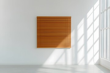 Fototapeta premium Venetian Blinds in Abachi Wood in a White Space – Modern Interior Design, Natural Materials, and Minimalist Home Decor
