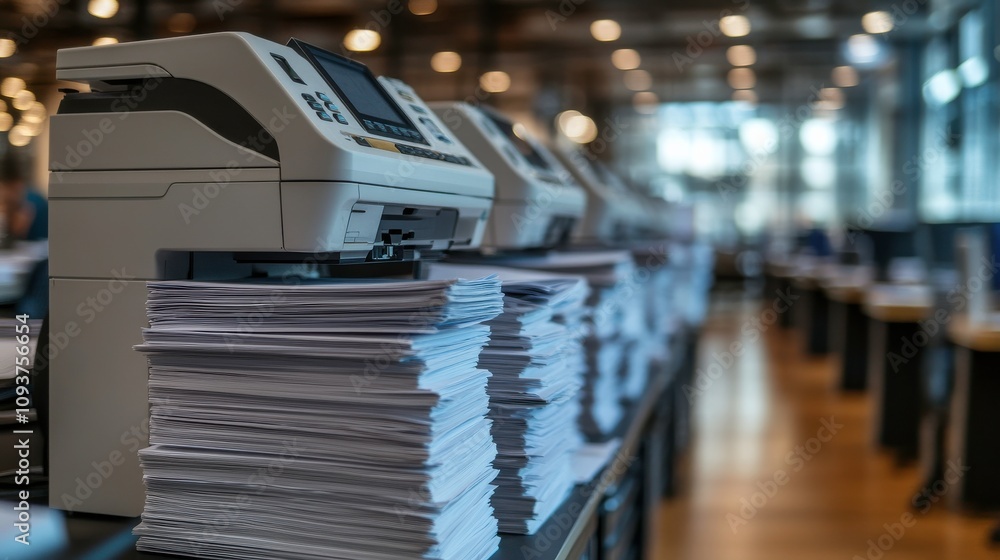 Poster office workspace with printers and stacks of paper highlighting the busy environment and workflow in