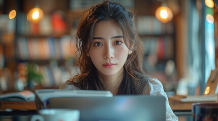 Young Korean Woman Studying Diligently with a Laptop