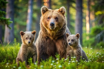 Obraz premium Adorable Family of Brown Bear Cubs in the Finnish Taiga: A Heartwarming Scene of Nature's Wildlife in the Enchanting Finnish Forest
