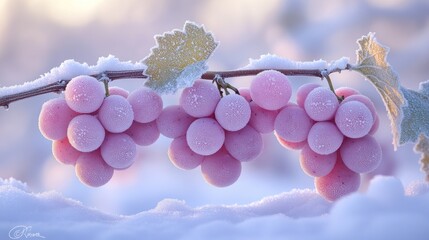 Frozen pink grapes on vine in snow.
