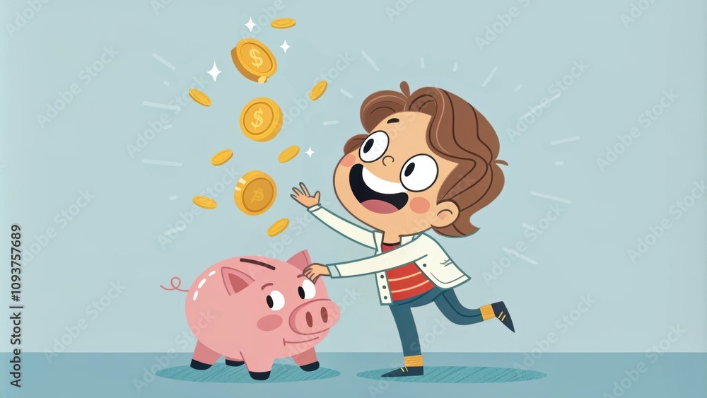 Poster an animated character with a piggy bank looking excited as coins drop in representing saving for the