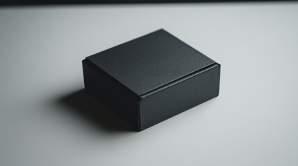 A small, textured black box with a magnetic flap, placed neatly on a smooth white surface 