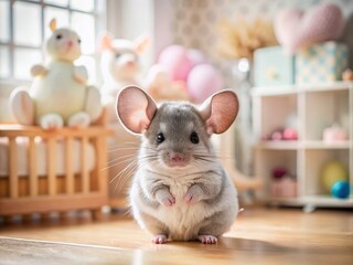 Obraz premium Adorable Little Fluffy Chinchilla in a Cozy Nursery Setting Surrounded by Soft Toys and Pastel Decor for a Warm and Inviting Atmosphere