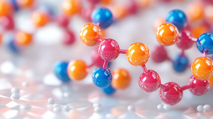 Intricate details of a lactic acid molecule captured in brilliant colors under a microscopic lens revealing its complex molecular structure and chemical composition