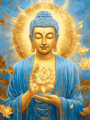 Buddha adorned with golden lotus flowers radiates serenity in a vibrantly colored oil painting