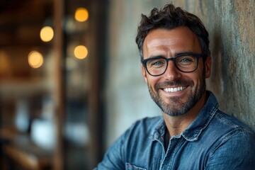 Obraz premium Smiling man in glasses, wearing a denim shirt, in a cozy indoor setting.