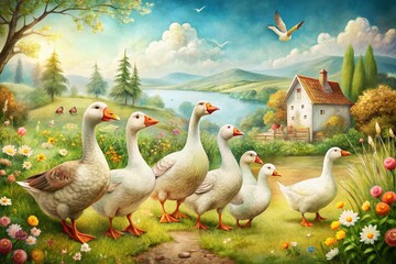 Obraz premium Vintage Style Cartoon Goose Pictures: Whimsical and Charming Illustrations of Geese in a Nostalgic Setting, Perfect for Children’s Books, Decor, and Fun Creative Projects
