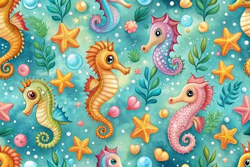 Fototapeta premium Adorable Seahorses Swimming in a Whimsical Underwater World with Bokeh Effect for Nautical Beach and Ocean Life Theme