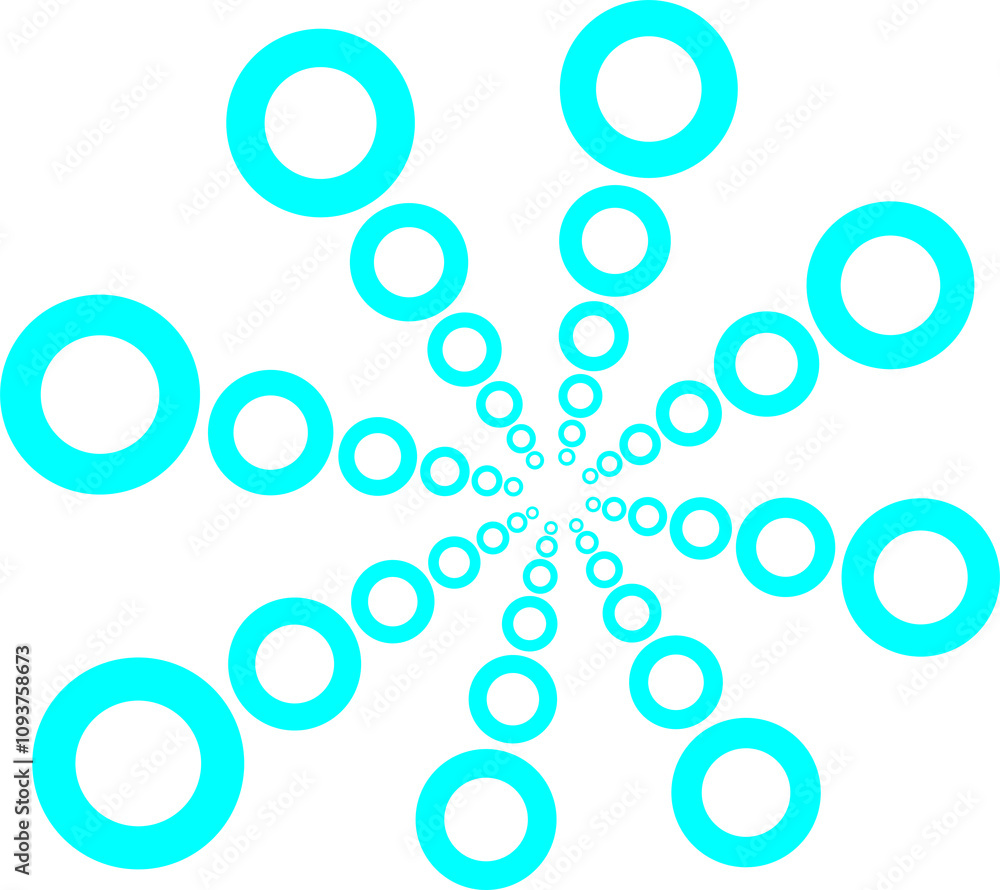 Poster cyan-colored spiral of circles in decreasing sizes, creating a dynamic, radial effect, suitable for 