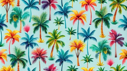 Adorable Tropical Pattern Featuring Cute Palm Trees in a Vibrant Setting, Perfect for Beach-Themed Designs and Summer Decor Inspiration