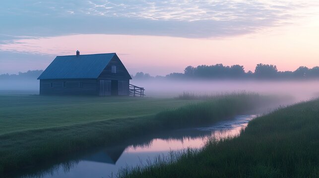 A farmhouse in a field by a stream in the morning mist at dawn. Farm barn in morning fog at dawn. Foggy morning at dawn. Countryside farm barn in fog at dawn 