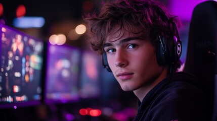 Young caucasian male gamer focused on playing at gaming setup