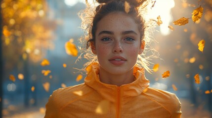 Young caucasian woman in autumn setting with falling leaves