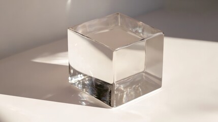 A square, transparent plastic box with glossy reflections, sitting on a polished white surface , ice on white