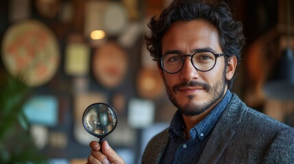 Man holding magnifying glass, thoughtful expression in creative environment, vintage decor, curiosity, exploration, academic vibe, knowledge, intellectual atmosphere, research
