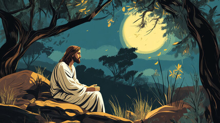 Fototapeta premium Jesus praying in the Garden of Gethsemane. Concept of miraculous salvation.