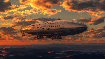 Vintage airship floating over a scenic landscape at sunset with vibrant clouds, showcasing steampunk aesthetics and adventurous spirit. Steampunk Airship Voyage. Illustration