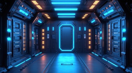 Futuristic spaceship corridor with neon lights.