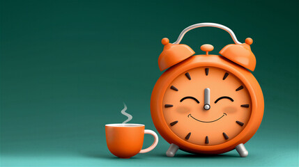 An orange alarm clock featuring a smiling face sits beside a cup of coffee, copy space