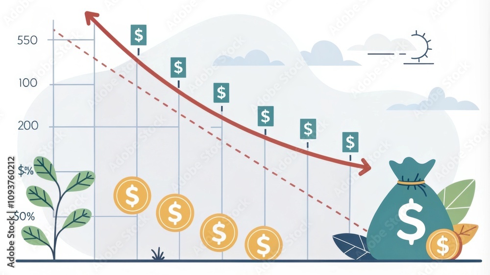 Aufkleber an animated graph displaying a downward trend indicating reduced debt over time with dollar signs de