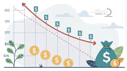 An animated graph displaying a downward trend indicating reduced debt over time with dollar signs decreasing.