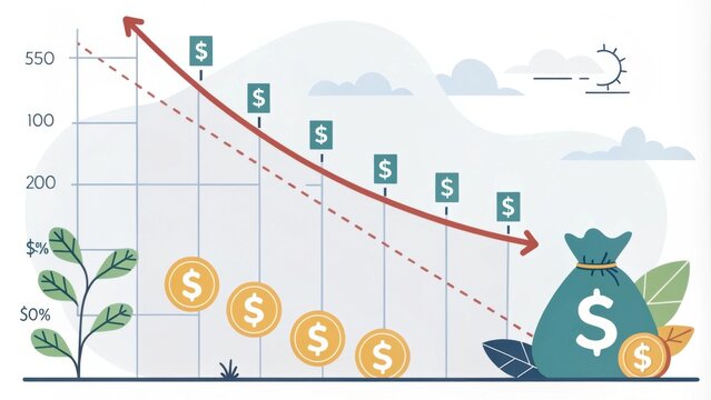 An animated graph displaying a downward trend indicating reduced debt over time with dollar signs decreasing.