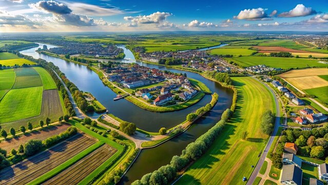 Aerial Panorama of the City of Dronten in Flevoland, Netherlands Showcasing Lush Green Fields, Urban Development, and Scenic Waterways Under a Clear Blue Sky