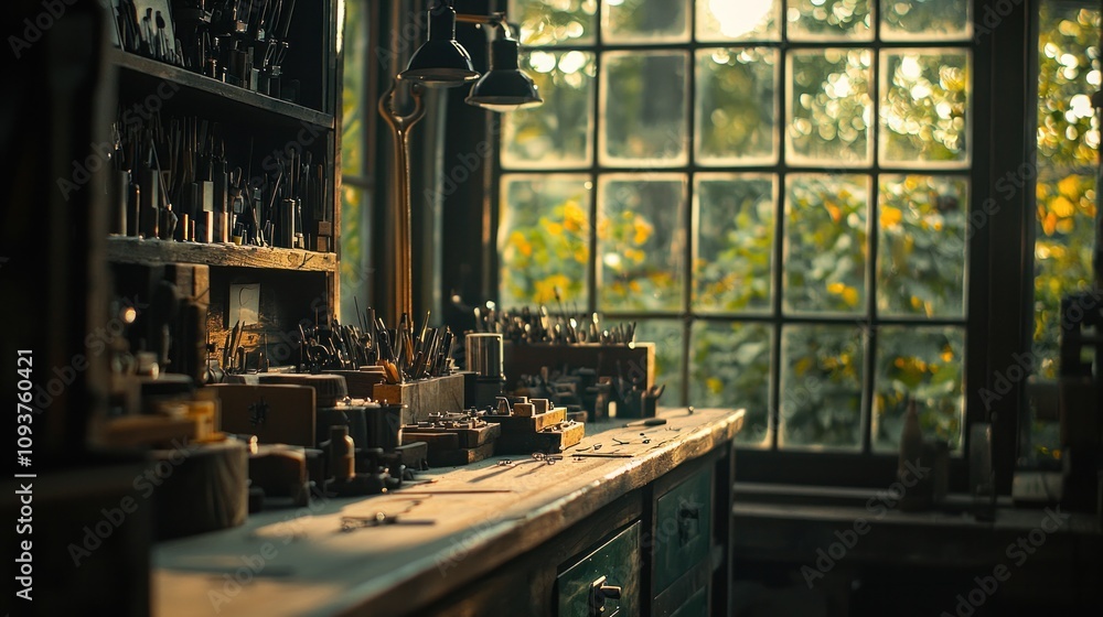 Poster sunlight streams through a window in a workshop, illuminating a workbench with tools and supplies.