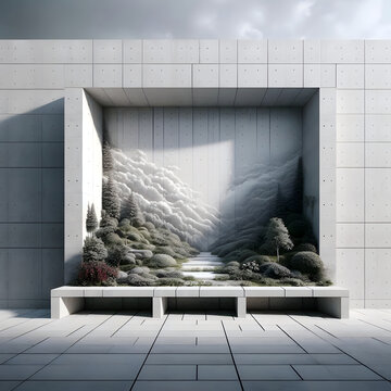 Ein wundersch&ouml;nes Wandbild. In wei&szlig;en Marmor gemei&szlig;elte Berglandschaft mit Bonsai - Wald. Eine wei&szlig;e Bank aus Marmor l&auml;dt zum Verweilen ein.