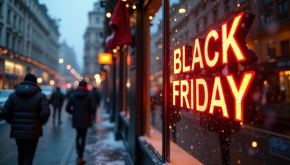 A cinematic street-level view with glowing 'BLACK FRIDAY' text displayed on a shop window, surrounded by holiday shoppers and falling snow.