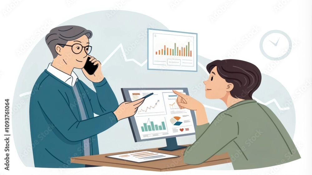 Poster a person holding a phone and speaking with a financial advisor pointing at various charts printed on