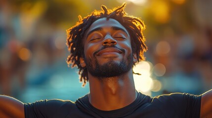 Joyful man with arms spread wide, wearing black shirt, smiling in city street, bright bokeh background, happiness, freedom, cheerful expression, urban vibe